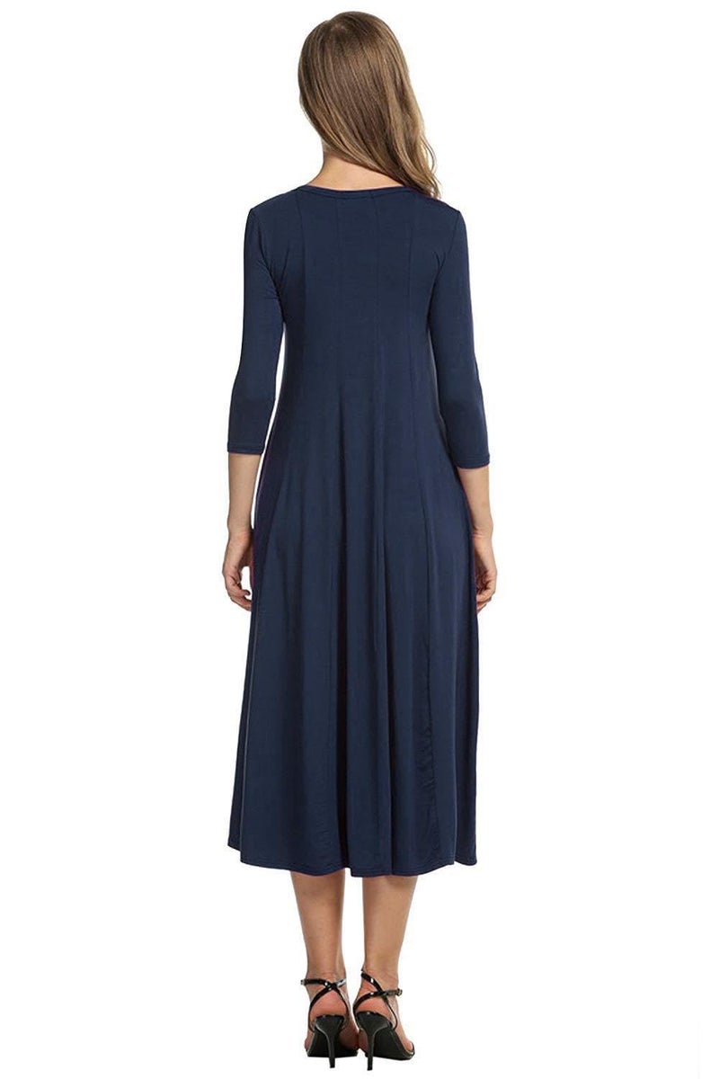 HOTOUCH Women's 3/4 Sleeve Casual Loose Solid Midi T-Shirt Dress (Navy Blue XL) - Image 2